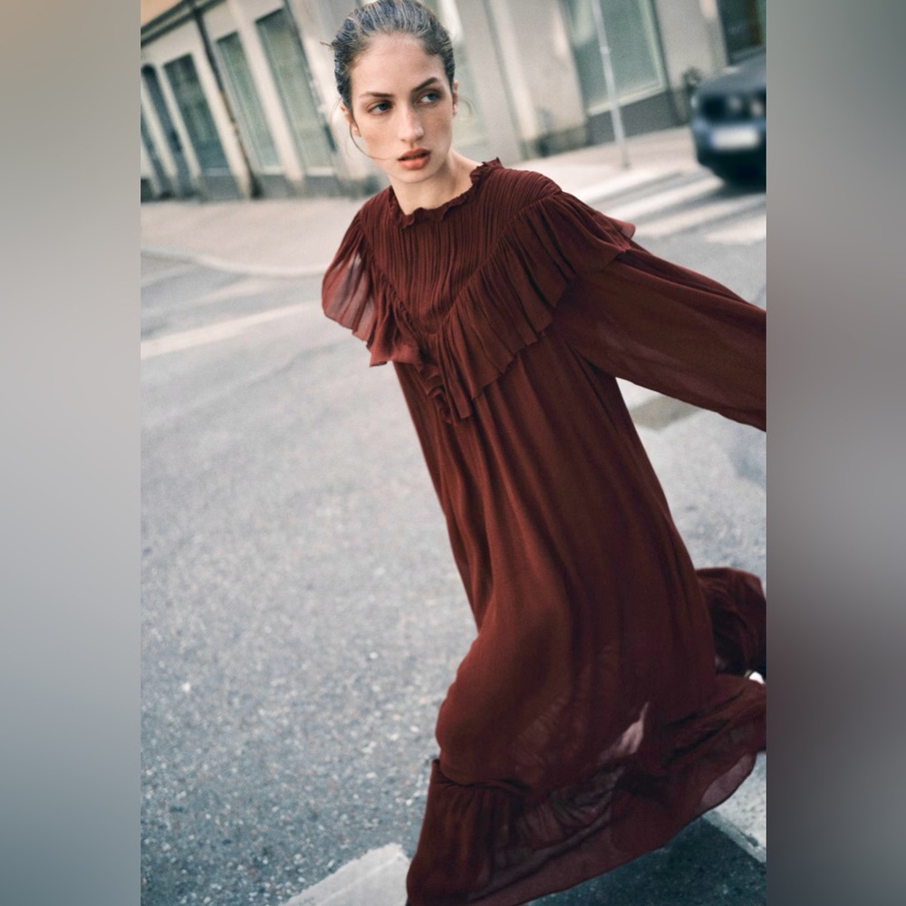 H&M NWT BURGUNDY RUFFLE-TRIMMED CHIFFON DRESS SIZE XS